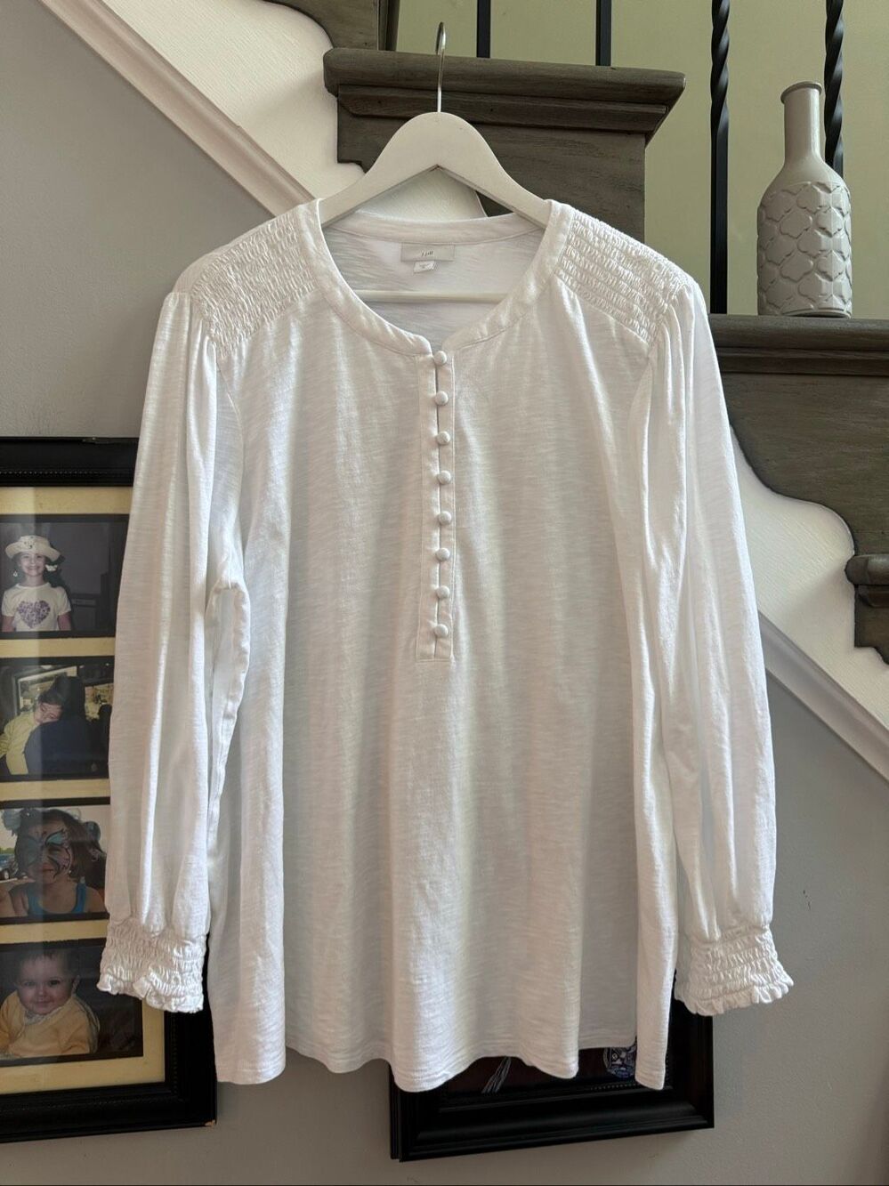 J. Jill White Smocked Trim Covered Button Tunic Top sz XL EUC